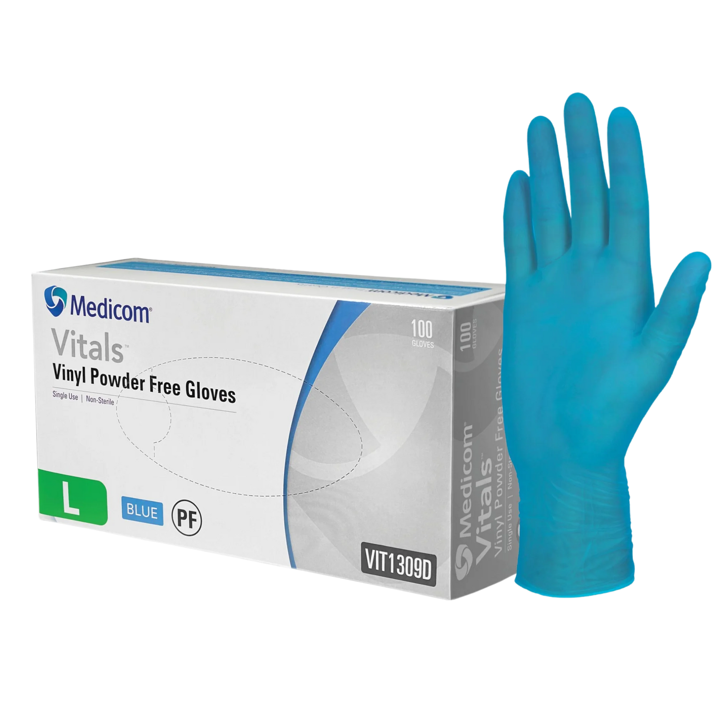 Medicom Vitals Vinyl Blue Powder Free Gloves Large